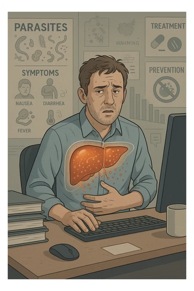 Man sitting at office desk experiencing subtle symptoms of liver dysfunction, upper abdominal pain, nausea, and unexplained fatigue Parasites: Types, Symptoms, Treatment & Prevention, expression of confusion about vague health issues, liver shown in transparent overlay with early inflammation, toxins beginning to accumulate in bloodstream, productivity declining as liver struggles to filter properly sticker