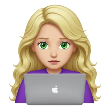 lady with long blonde wavy hair, purple top, green eyes throwing her with a laptop looking exhausted sticker