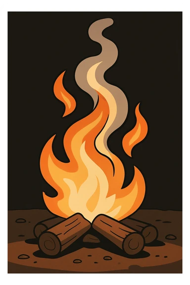 Add a dark background behind the campfire, keep the upward smoke and flames with a mesmerizing swirling effect, no people, uncluttered and easy to recognize. sticker