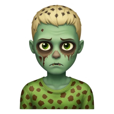 Zombie boy with green skin and sleepy eyes and scars on his face and a shirt that has cheetah texture sticker