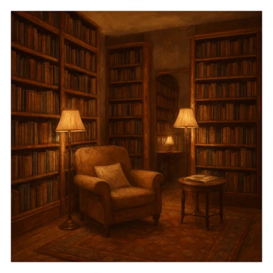 a cozy library interior, bookshelves, reading nook, warm lighting sticker