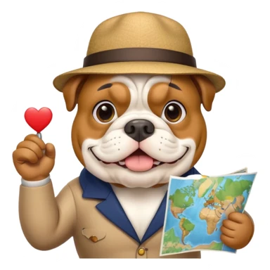 english bulldog as a cheerful tour guide, wearing a hat and holding a map sticker