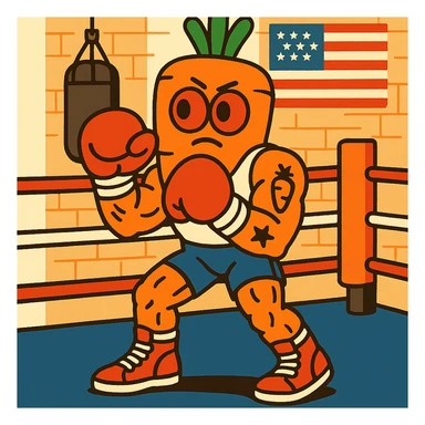 muscular carrot character as a boxer, wearing high-top sneakers, white tank top, big slightly flat red cartoon eyes, bandaged hands, tattoos, in a vintage 1980s American boxing gym, American 80s style, cartoon style sticker