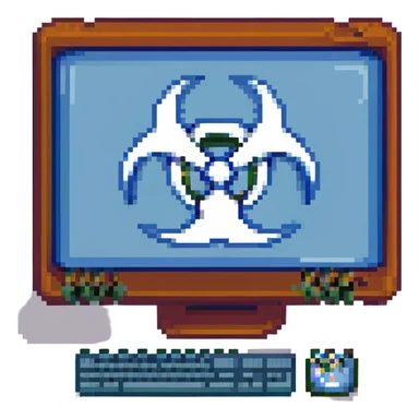 blue screen computer with a biohazard sign sticker