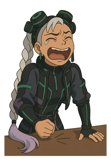 1 female, single long white braid with lavender tips. Cybergoth futurepunk, crying from laughter, pounding her fist on a table, “wheeze emoji” facial expression, hilarious  sticker