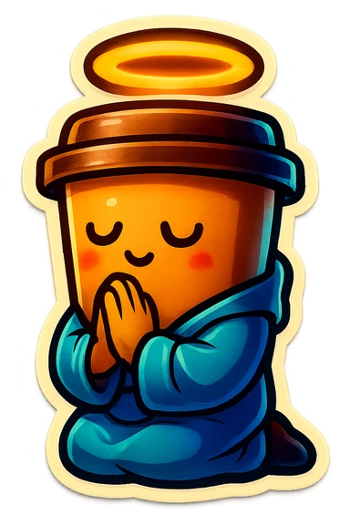 Tall coffee cup, bowing on knees, praying, worship, wearing soft blue monk robes, halo sticker