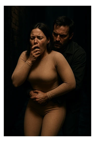 caught by a man performing a Heimlich maneuver on her in the dark alleyway, skintone thick skintight bodysuit, light skin sticker