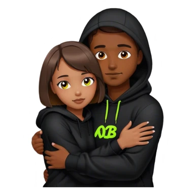 cyberpunk a girl with brown hair, a bob haircut, hugs a guy by the neck, both in black hoodies with neon sticker