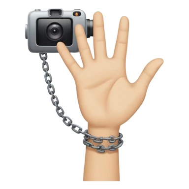 Minimalist emoji-style sticker of a human hand bound by a chain leading to a video camera. Icon-like, clean silhouette, muted tones. sticker