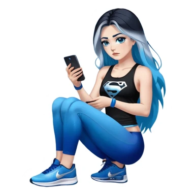 Shameful disappointed crying-very very very very big chest-texting on a samsung cell phone-very long straight flowing black to sky blue hair ombre-blue eyes-black eyeliner-long eyelashes-plastic sparkling sky blue very low cut tank top with sparkling superman logo-black leggings-nike sneakers sticker