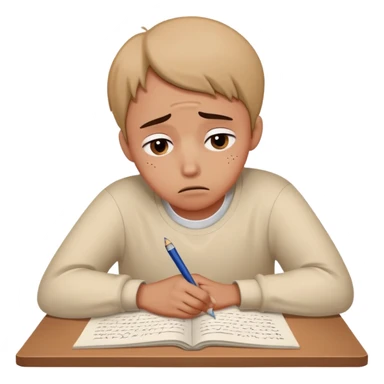 Person with worried expression writing "Dear God" on essay sticker