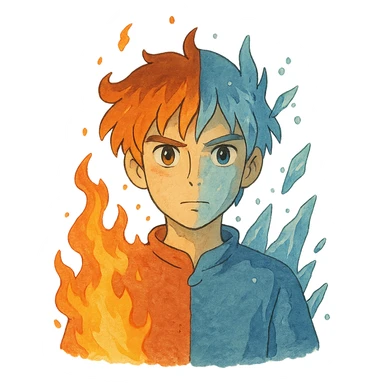 ghibli style illustration of a character with one side fiery and the other frosty, showing hot but cold sticker