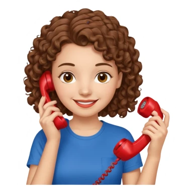 chica con piel blanca sonriendo, ojos marrones y pelo marrón atado con rulos con remera celeste. atendiendo un teléfono rojo sticker