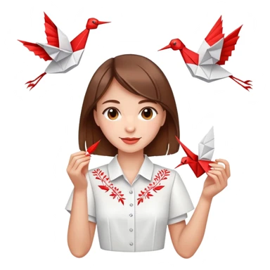 A happy Ukrainian young girl with brown hair in a white embroidered shirt makes an origami red crane craft sticker