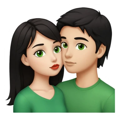 a girl with black hair and green eyes kissing a boy with brown hair and brown eyes, emoji style sticker