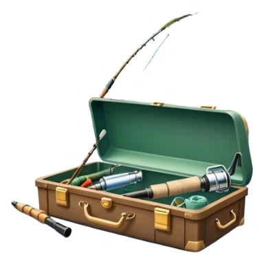 Icon for Fishing: a fishing rod and tackle box next to a boat on the shore of a serene lake, with a scenic natural background, including trees and water. The icon should represent the peacefulness of fishing. Transparent background, no border. sticker