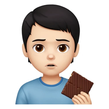 a PRETTY BRATZ boy with black hair eating chocolate and looking sad sticker