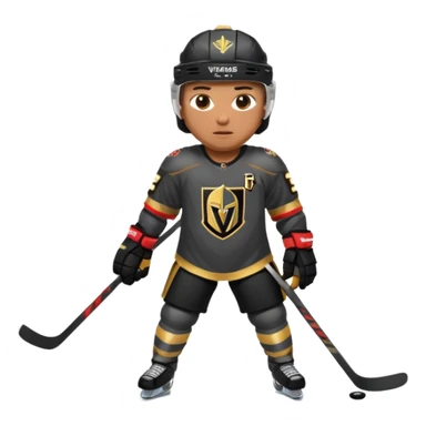 A hockey player in a Vegas Golden Knights black & gold jersey, red accent glow, centered stance, stick on the ice, confident posture. Background subtle red aura with a knight-helmet inspired motif. Clean, bold, emoji-style. sticker