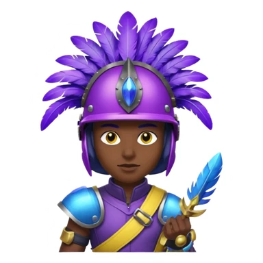 Generate an image of a night with a blue rounded feather on his helmet. He has a big night with balls as hands which have purple obsidian spikes on them. He also has a blue belt with yellow spikes on it. He also has purple glowing eyes. sticker