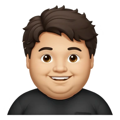 Joven obese, pelo largo, cuerpo grande, latino piel canela, cara redonda-ancha, scruff sin barba completa, cejas gruesas, pelo oscuro ondulado flat largo hasta el cuello. Sonrisa amplia, expresión alegre. Camisa negra. Size large.  sticker
