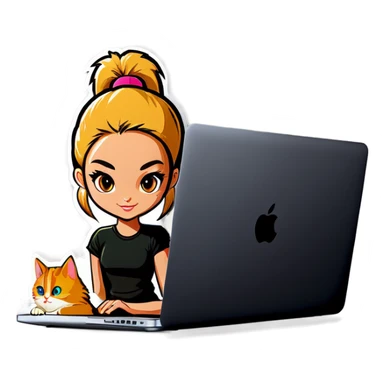 Blonde girl ponytail macBook and a cat sticker