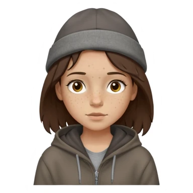 Hobo tomboy with light skin, freckles, shoulder-length center-parted dark brown hair. brown eyes, dark dull brown hoodie, grey shirt. Bolero hat sticker