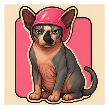Canadian Sphynx cat with coloring as in the photo, sticker style, with a pink background, with a pink helmet sticker