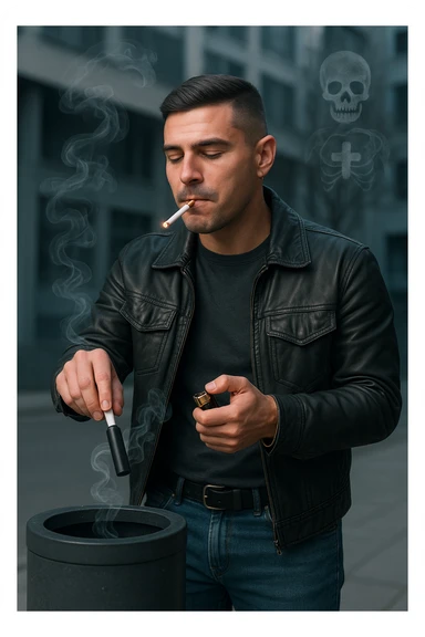 Adult man in casual clothes, inspired by the face in the reference photo, throwing an electronic cigarette into a trash bin while lighting a traditional cigarette with the other hand. Satisfied but unaware expression. In the background, light symbols of smoke and health damage manifesting from both cigarettes. Urban atmosphere, cold light, critical or reflective tone. Realistic style with symbolic accents. sticker