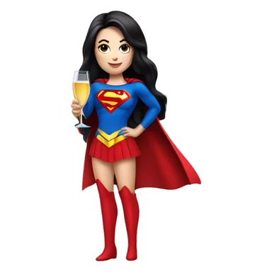 White girl in a superwoman costume with long black hair holding a champagne bottle sticker