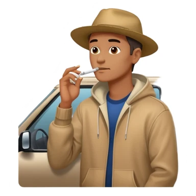 Leaning on the hood of his SUV with a cigarette sticker