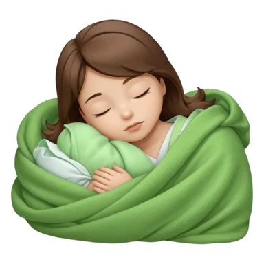 Sleeping child with brown hair wrapped in a light green blanket with a white bow over the blanket sticker