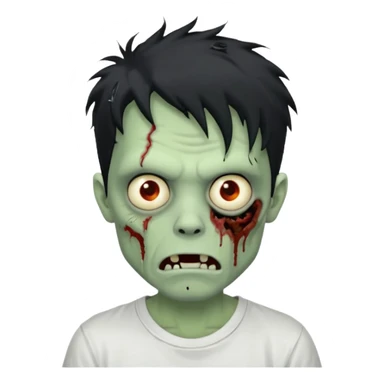 Rosto de frente classico de zombie boca meio torta cabelos medios pretos bagunçados low fade com pele verde clara camiseta branca sticker