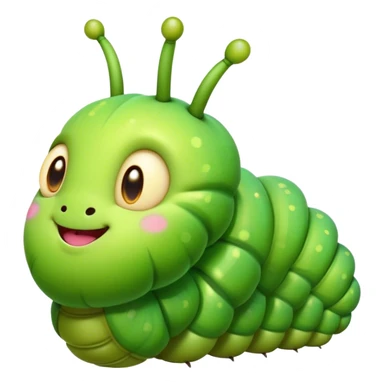 Cinematic Realistic Cute Caterpillar Portrait Emoji, Head tilted playfully and inquisitively, featuring a compact, segmented body in bright, vibrant green with delicate, inviting textures and a charming, rounded face with sparkling eyes full of curiosity, rendered with lifelike detail and natural highlights, high shine, affectionate and spirited, styled with a touch of garden whimsy, soft glowing outline, capturing the essence of a mischievous yet lovable caterpillar that seems poised to crawl cheerfully into your arms! sticker