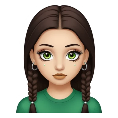 Y2k style Girl with: long, straight dark brown hair, green/ hazel eyes, nostril and septum piercing, fake eyelashes and eyeliner sticker