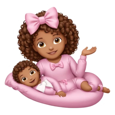 Brown skin baby with brown curly hair down laying down with satin baby pink onesie and white bow sticker