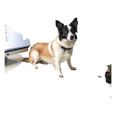 light dog graphic designer at a computer, creative workspace sticker