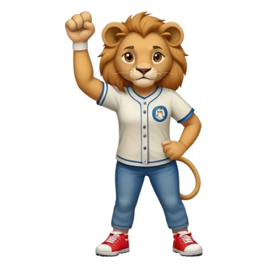 friendly anthropomorphised female lion wearing a baseball shirt, jeans, trainers, standing upright with one fist raised, looking determined and confident sticker