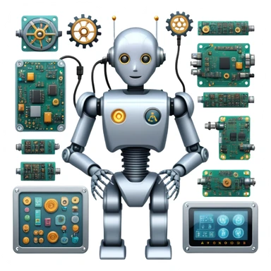 An icon featuring a humanoid robot assembling parts with robotic arms, surrounded by gears, circuit boards, and sensors, symbolizing robotics. The design includes a control panel and AI interface, representing automation, engineering, and innovation. Transparent background. sticker