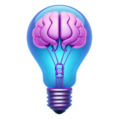 A stylized 3D emoji icon of a futuristic lightbulb. The filament inside is a glowing digital brain structure. The colors are a gradient of electric blue and purple neon light, with glowing edges. Minimalist, digital art aesthetic, sticker