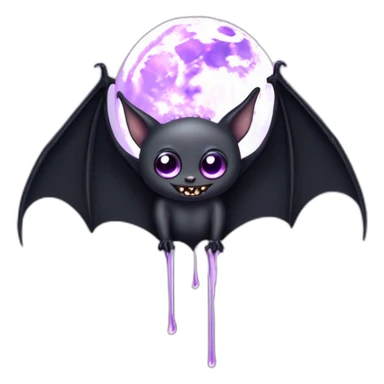 purple black vampire bat pretty eyes wings flying in front of large dripping grey crescent moon sticker
