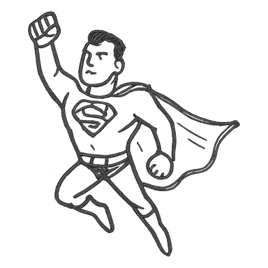 Superman simple lines, cape flowing, classic superhero pose, hand-drawn black outline style sticker
