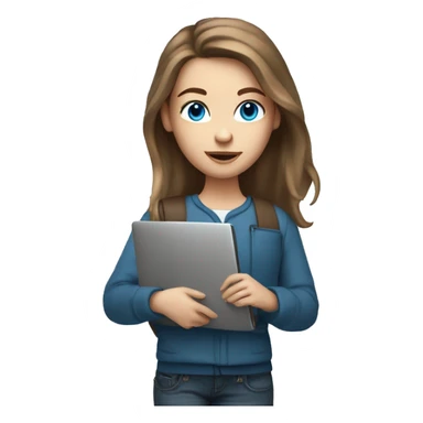 caucasian white IT girl student, holding laptop, blue eyes, brown hair sticker