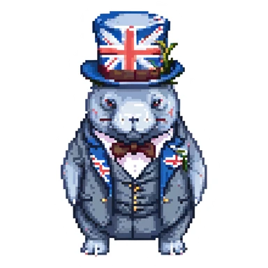 British manatee with bowler hat and monocle, Union Jack flag, pixel art style sticker