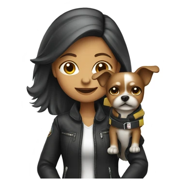 working with laptop female small dog wearing moto jacket sticker
