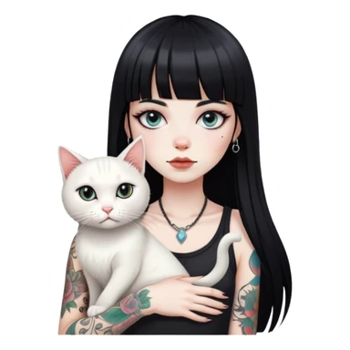 girl with long black  straight bangs hair and tattoos and a white cat sticker