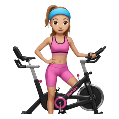 Light skin girl with long light brown hair in a pony tail, black workout set leaning on a indoor spin bike with NO HELMET, can we add a pink sports bra that says HOT GIRL CYCLE CLUB sticker