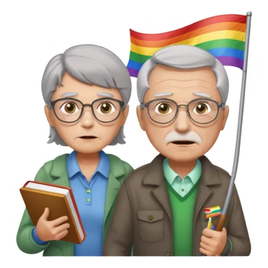 make old old man like 80 with gray hair and fur has HUGE EYE brows and glasses and is always mad and gay holding the rainbow flag and walking a young girl about 1 with brown hair and green eyes with a moth book with the other hand sticker