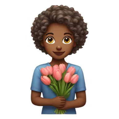 Girl with curly hair holding a bouquet of tulips  sticker