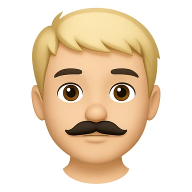 Make the mustache smaller, keep short messy blond hair, emoji style, preserve transparent background, neutral expression. The style should resemble apple style emojis with concise prompt focus. sticker