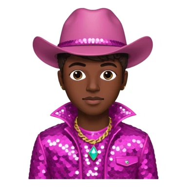 Lil Nas X with dark brown hair, dark pink sequin outfit sticker